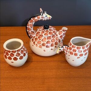 Vintage hand painted whimsical Giraffe Motif Tea Set with Cream and Sugar